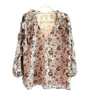 Calvin Klein XL Peach & Tan Floral Flowy Blouse Top Ruffled Long Sleeves
